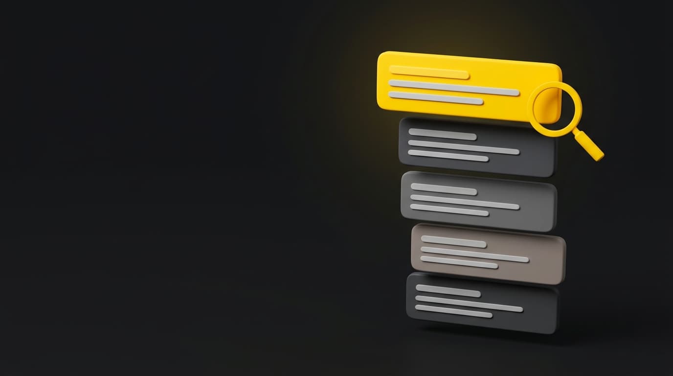 Stack of search result cards with the top result highlighted in yellow under a magnifying glass